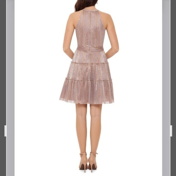 XSCAPE METALLIC Halter Neckline Fit and Flare TIERED SKIRT DRESS in Blush Size 8 - Picture 2 of 6